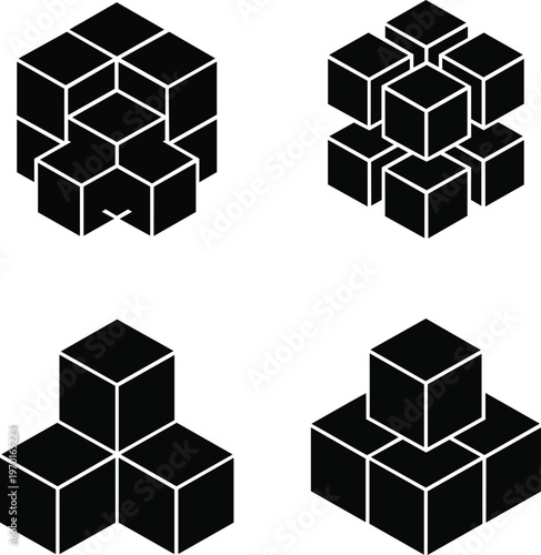 Quadro su tela Illustrations of isometric cubes in various stacked geometric arrangements and o