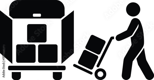 Delivery person with trolley moving boxes towards an open truck for loading goods