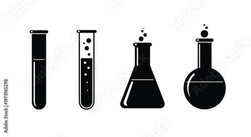 Four laboratory beakers with varying liquids a striking silhouette