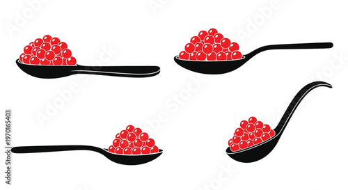 Red caviar displayed on black spoons a striking visual silhouette