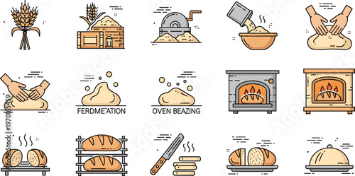 Bread baking process icons set with dough kneading fermentation oven baking and tools, bakery workflow vector collection isolated on white background