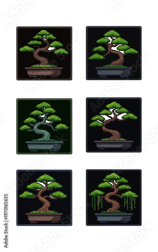 Bonsai trees collection digital illustration set for design and decoration