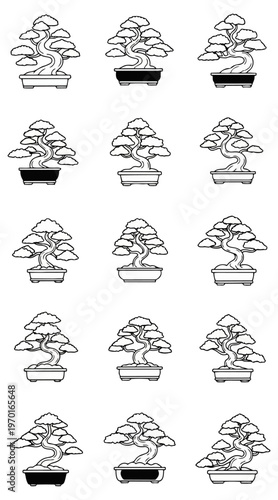 Bonsai trees collection graphic illustration black background