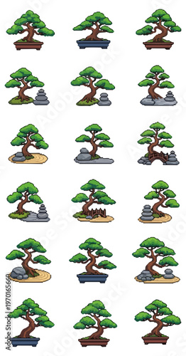 Bonsai trees collection diverse styles on black background