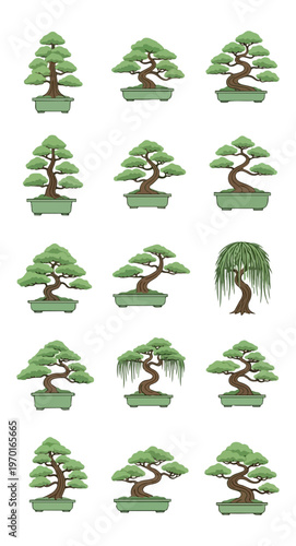 Bonsai trees collection on black background vector illustration