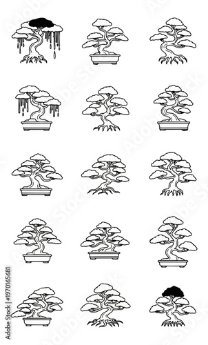 Bonsai trees collection silhouettes botanical illustration design elements