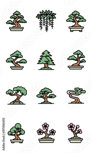 Bonsai trees collection vector illustrations on dark background