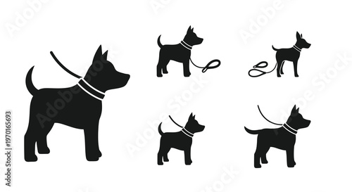 Black silhouettes of dogs in various poses and sizes silhouette