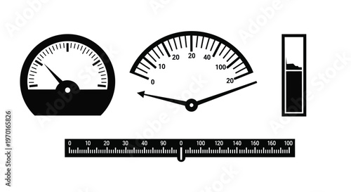 Black gauges and measurement indicators displayed as a stark silhouette