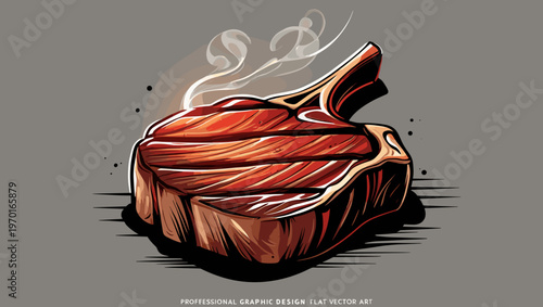 illustration of a juicy steak with steam, on a gray background, flat vector art