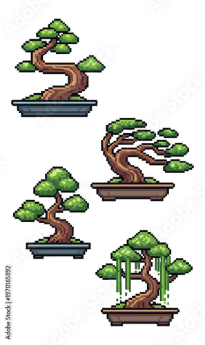 Pixel art bonsai trees collection digital illustration