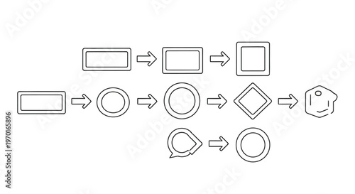 Geometric shapes transforming into a house icon through a sequential flowchart