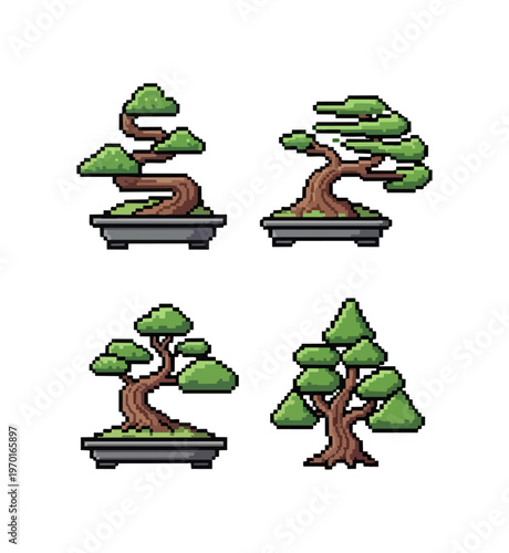 Pixel art bonsai trees on black background illustration