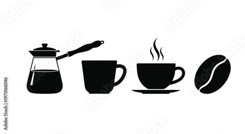 Coffee brewing process depicted with minimalist black shapes a striking silhouette