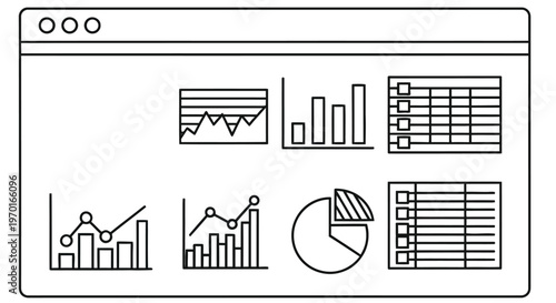 Line bar and pie charts displayed within a rectangular browser window outline