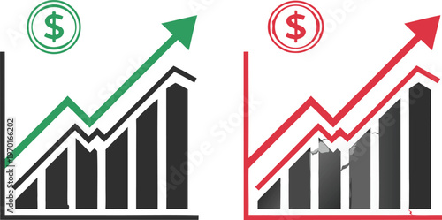 Profit growing green and red arrow icons. A minimalist vector illustration showing two business growth charts side by side on a clean white background. Isolated vector icon.
