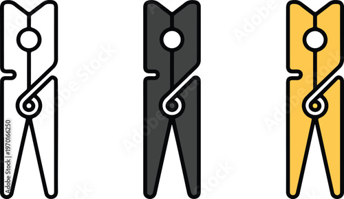 Minimalist Clothespin Icon Set Featuring Three Peg Designs In Outline Solid Black And Yellow Color Styles For Laundry Service