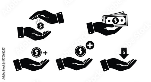 Hands exchanging money and coins financial transactions depicted in silhouette