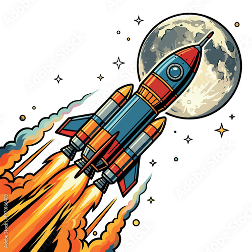 Moon conquest. Retro space rocket launching to the moon over white background