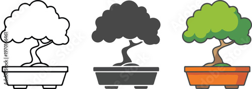 Minimalist Bonsai Tree Icon Set Featuring Three Stylized Potted Plant Designs In Outline Solid Black And Vibrant Green Colors.
