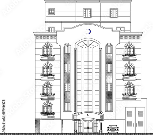 Detailed Old Commercial Building Elevation Design with Classic Architecture Technical Specifications and Vintage Dimension Lines 
