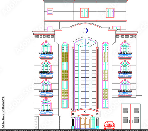 Detailed Old Commercial Building Elevation Design with Classic Architecture Technical Specifications and Vintage Dimension Lines