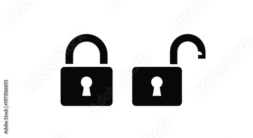 Two padlocks one closed and one open depicted as a silhouette