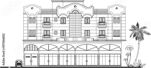 Classic Architecture Elevation Study for an Old Multi-Storey Building Highlighting Vintage Arched Windows and Technical Structural Scales
