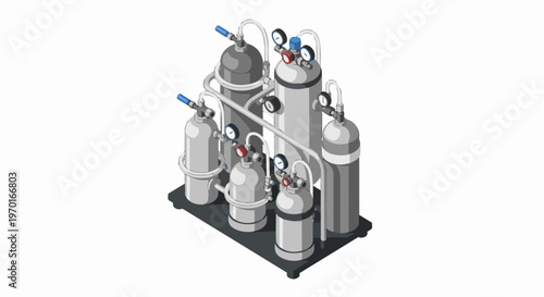 Isometric Industrial Gas Storage System with Compressed Air Tanks, Pressure Gauges, and Valves on White Background