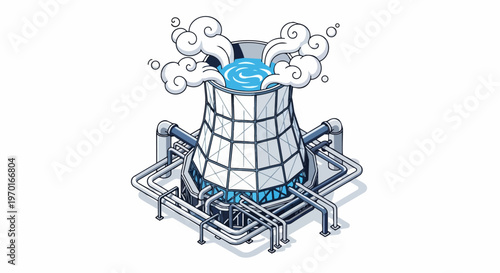 Isometric Vector Illustration of a Geothermal Power Plant Cooling Tower with Steam and Industrial Pipes on White Background