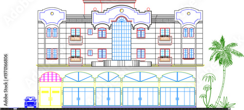Classic Architecture Elevation Study for an Old Multi-Storey Building Highlighting Vintage Arched Windows and Technical Structural Scales