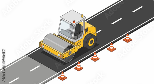 Isometric yellow road roller paving fresh asphalt on a highway with orange traffic cones vector illustration
