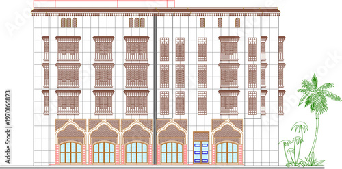 Detailed Exterior Facade Illustration of a Classic Building for Property Development Featuring Vintage Balcony Designs and Old Architecture.