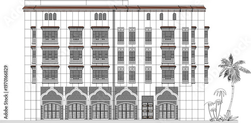 Detailed Exterior Facade Illustration of a Classic Building for Property Development Featuring Vintage Balcony Designs and Old Architecture 