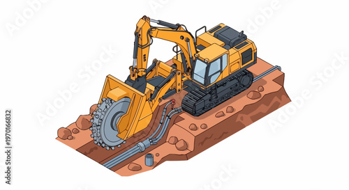 Isometric Heavy Excavator with Rock Wheel Trencher Digging Underground Utility Infrastructure and Laying Pipes for Construction Site Illustration