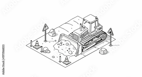 Isometric Bulldozer Line Art Illustration - Minimalist Construction Site Vector