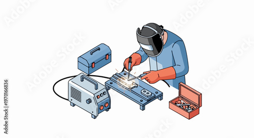 Professional Isometric Illustration of a Welder in Protective Gear Working on Metal with Welding Machine and Toolboxes