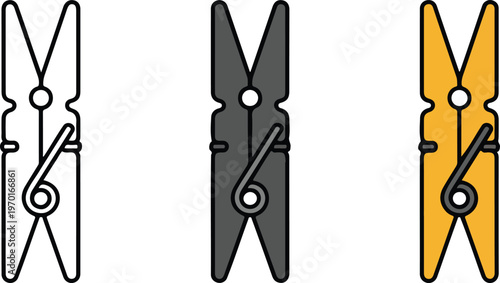 Minimalist Clothespin Icon Set Featuring Three Peg Designs In Outline Solid Black And Yellow Color Styles For Laundry Service