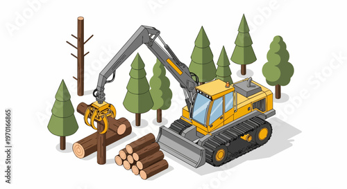 Isometric Forestry Harvester Machine Loading Timber Logs in Forest Illustration. Industrial Heavy Equipment for Logging and Timber Industry Vector Graphic.