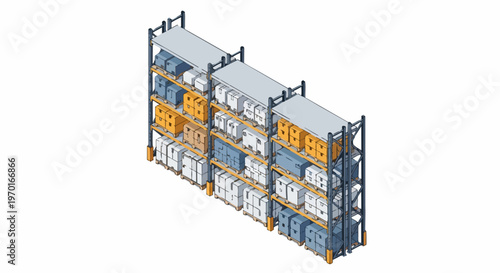 3D Isometric Illustration of Industrial Warehouse Racking System with Stock Boxes on White Background
