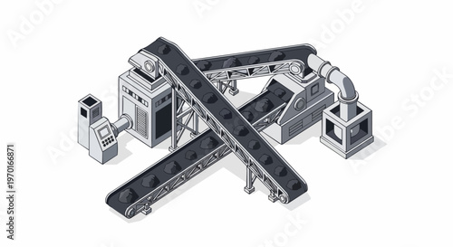 Isometric Industrial Conveyor Belt System for Mining, Quarrying, and Automated Factory Production Line - 3D Illustration on White Background