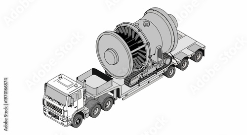 Heavy Duty Low Loader Truck Transporting Large Industrial Turbine Component - Isometric Line Art Illustration