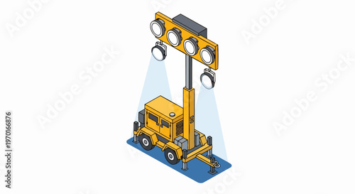 Isometric 3D Illustration of a Portable Mobile Light Tower with Diesel Generator for Construction Sites and Outdoor Events