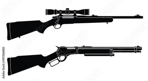 Two firearms a rifle and lever action gun depicted in black silhouette