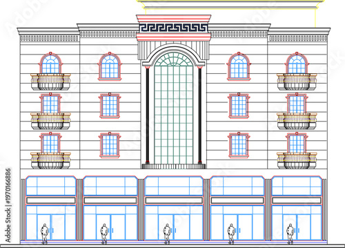 Professional Grade Architectural Drawing of an Old Commercial Building Facade with Classic Symmetrical Windows and Technical Scale Measurements