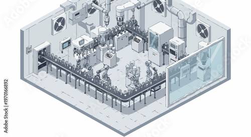Isometric Smart Factory Automation Line with Robotic Arms and Conveyor Belt for Pharmaceutical or Beverage Bottling - Industry 4.0 Technical Illustration