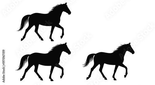 Three black horse figures in dynamic poses a striking silhouette