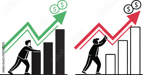 Profit growing green and red arrow icons. A minimalist vector illustration showing two business growth charts side by side on a clean white background. Isolated vector icon.
