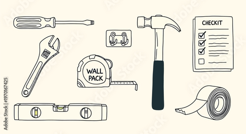 Hand drawn sketch of construction tools isolated on transparent background including hammer screwdriver and measuring tape