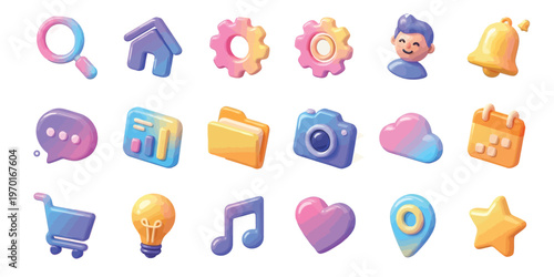 Collection of 3D cartoon style icons for UI design: search, house, gear, user, bell, chat, folder, camera, cloud, cart, lightbulb, music, heart, location, star